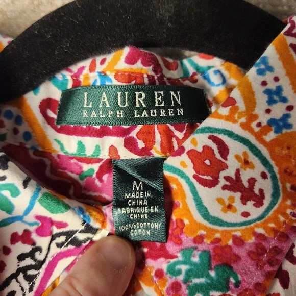 Lauren Ralph Lauren Womens Medium Cotton Paisley Boho Button Up Shirt Multi - Picture 3 of 9